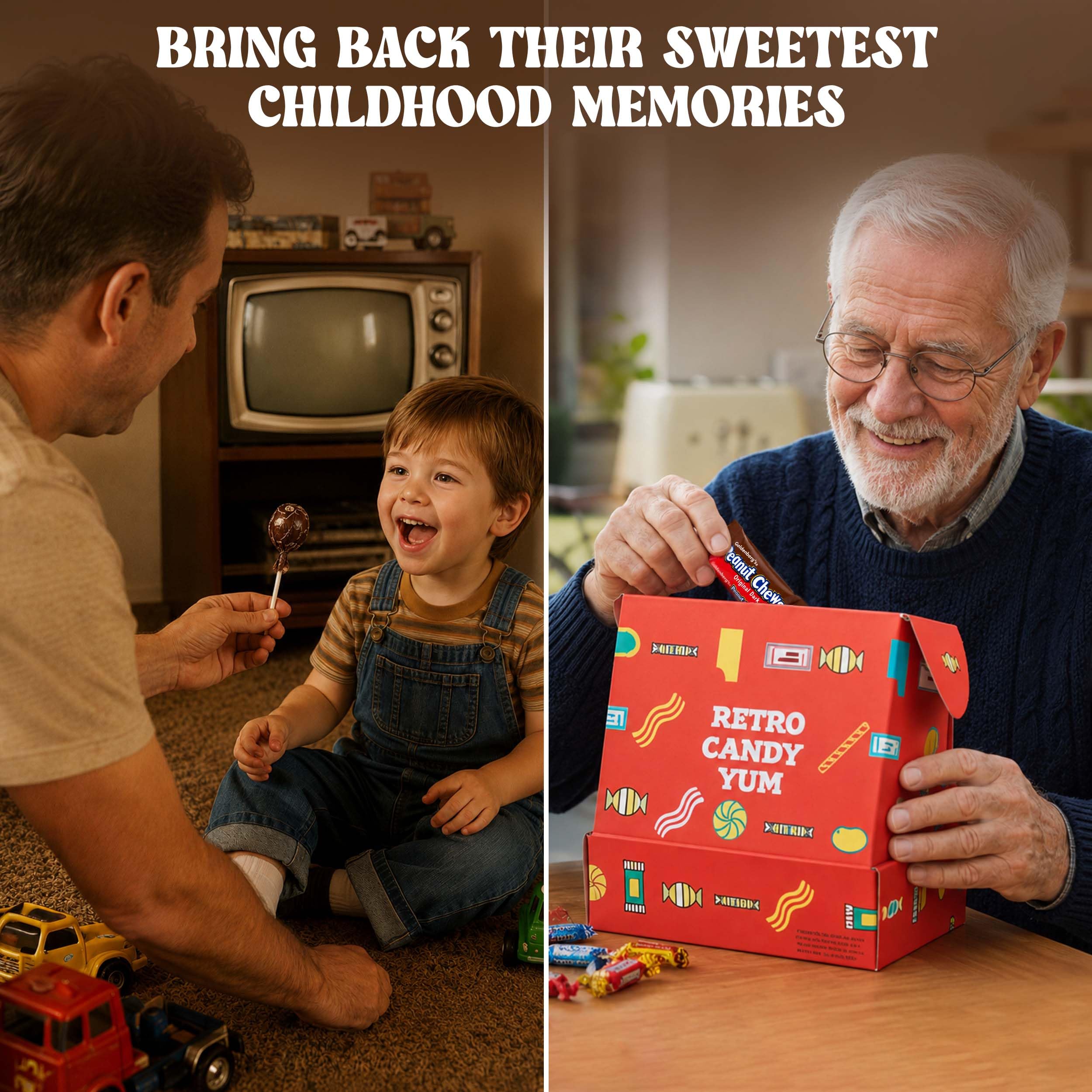 RETRO CANDY YUM label with 1956 graphics emphasizing themed keepsake appeal