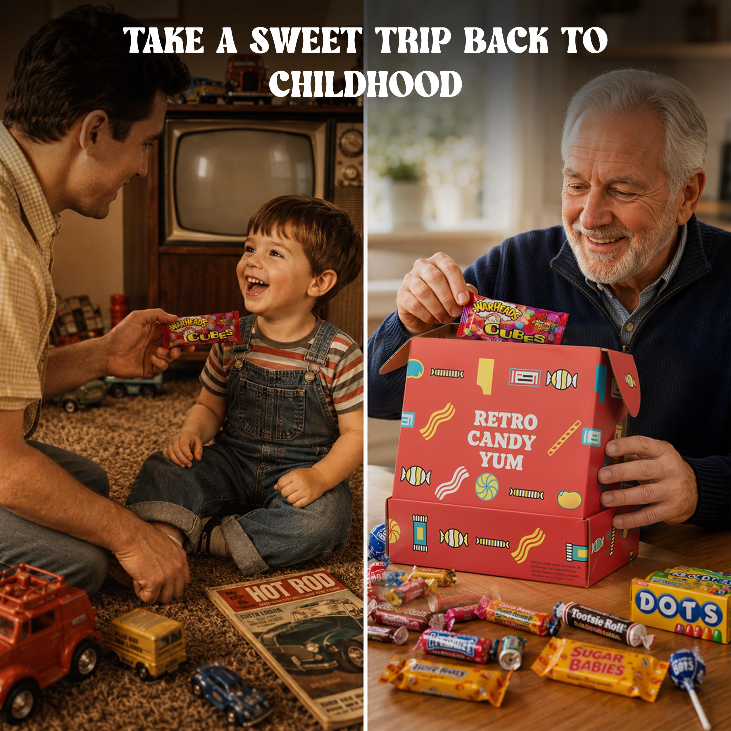 RETRO CANDY YUM box in hand to show compact scale and easy gifting convenience