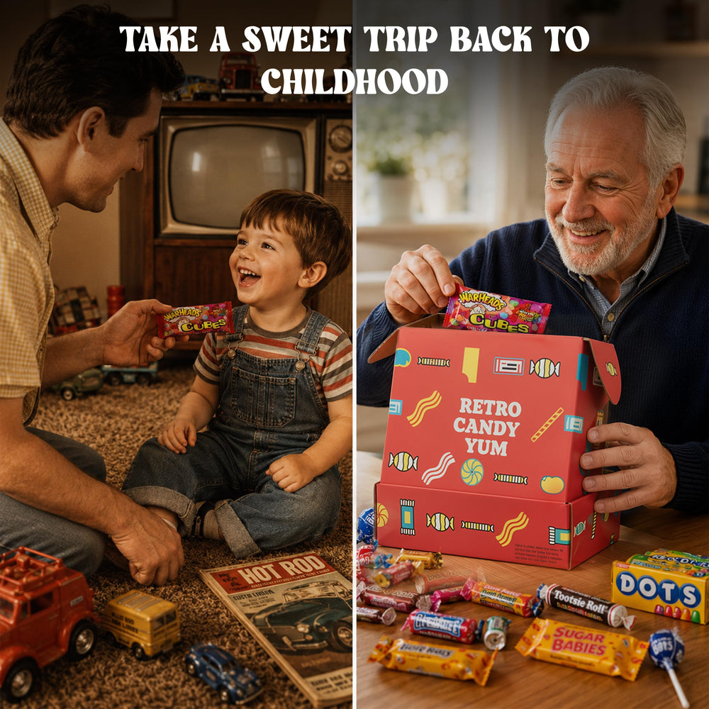 RETRO CANDY YUM box in hand to show compact scale and easy gifting convenience