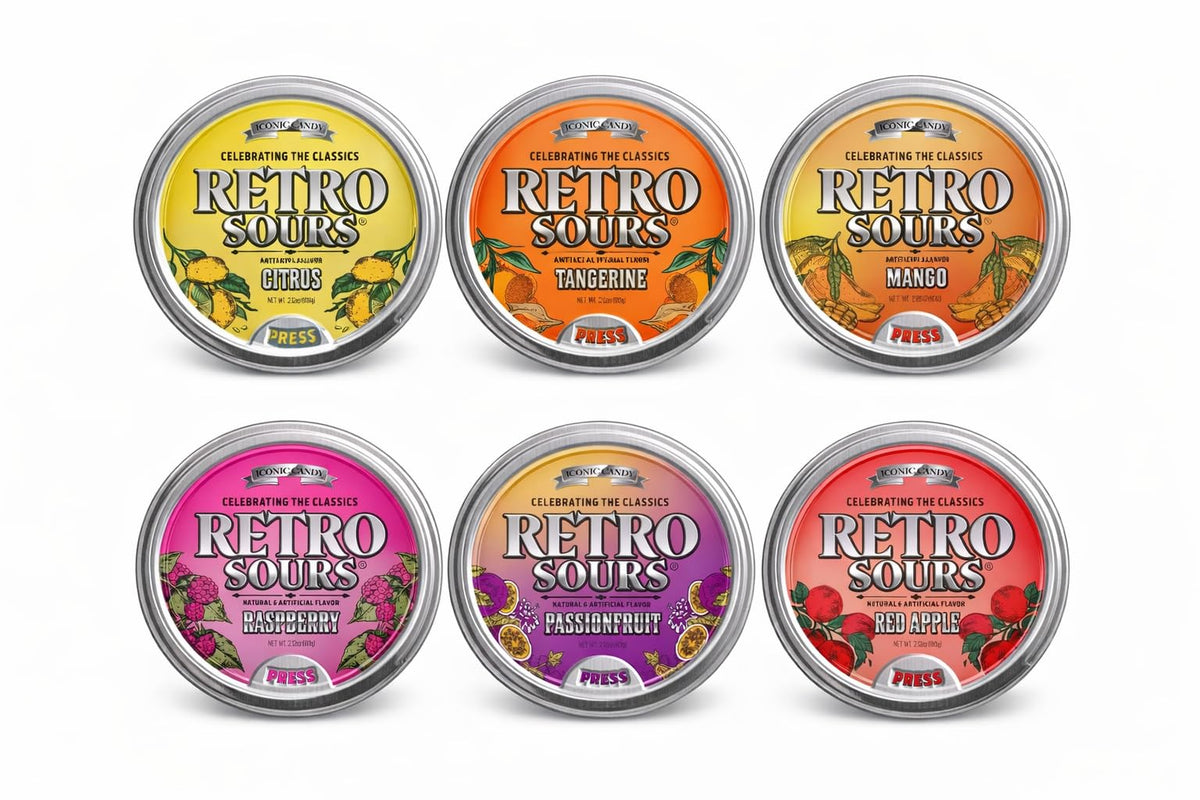 Generic retro sour candy front packaging showing six colorful tins and brand logo
