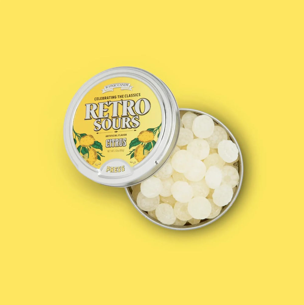 Generic retro sour candy open tins overhead displaying each fruit variety for easy selection