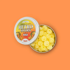 Generic retro sour candy tin label detail highlighting retro design and collectible look