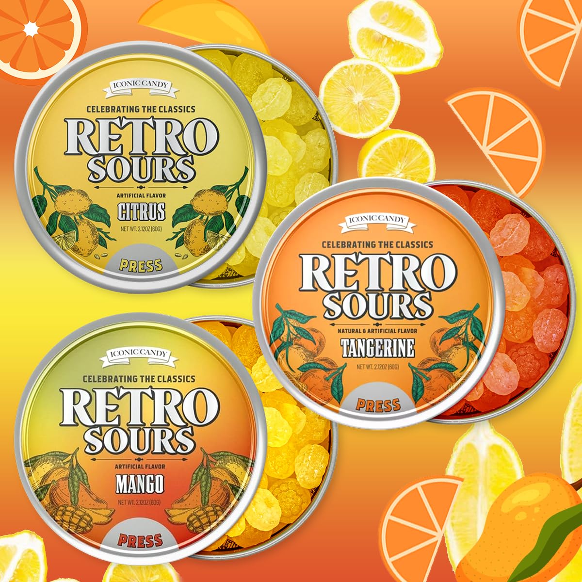 Generic Retro Sours open tin close-up showing candy texture and intense sour coating for snacking