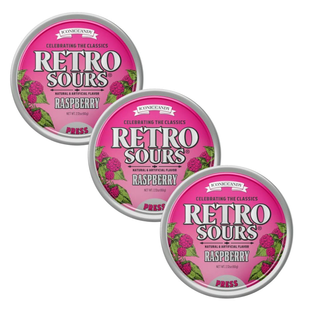 Retro Sours raspberry front tin showing vintage label and portability benefit