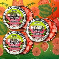 Susa Candy retro sours watermelon tin front view, collectible packaging and freshness