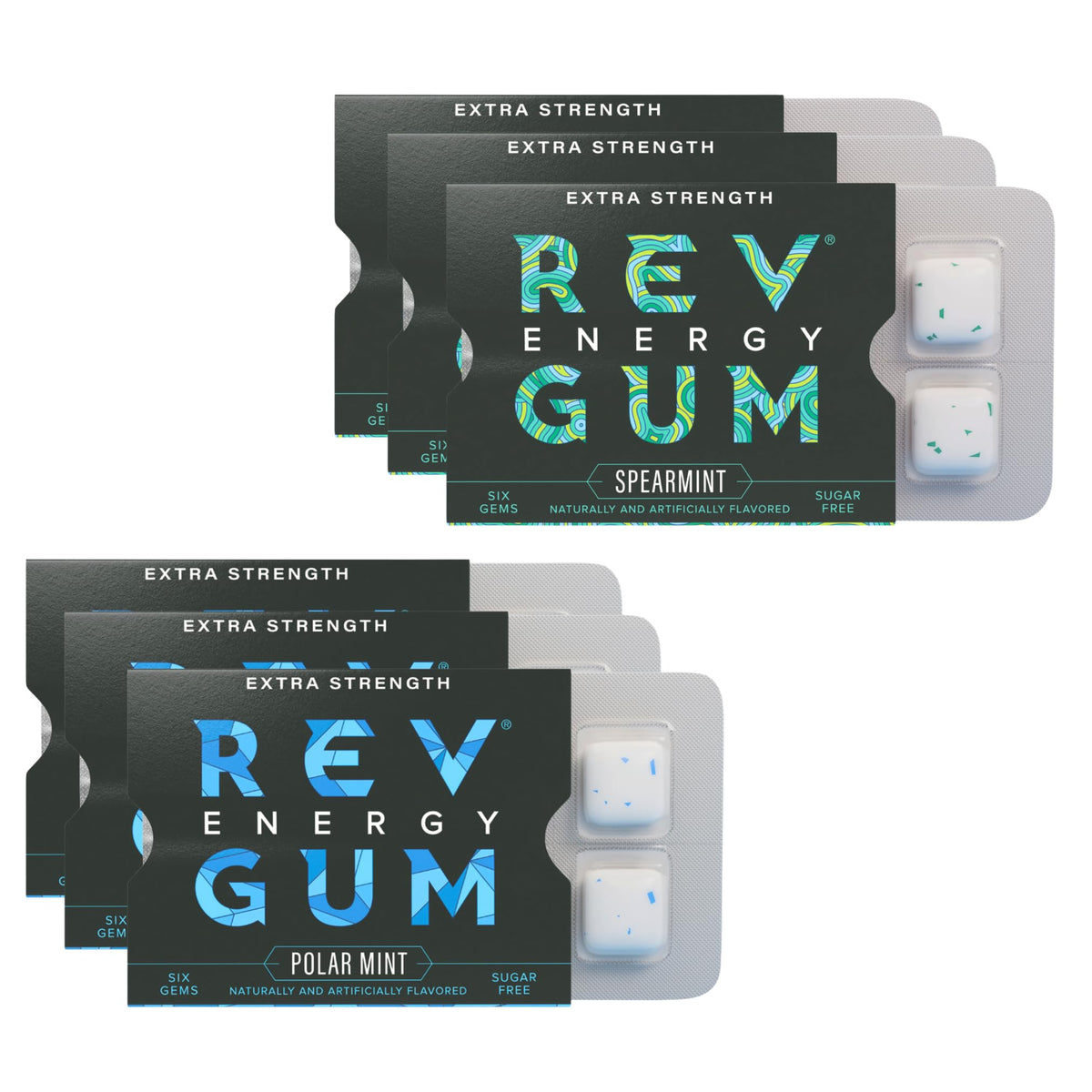 REV front packaging variety pack showing mint flavors and caffeine strength