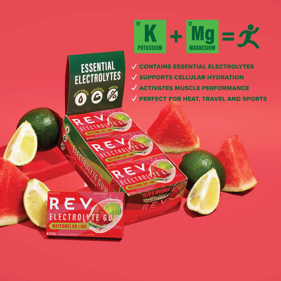 REV gum next to water bottle illustrating on-the-go hydration support