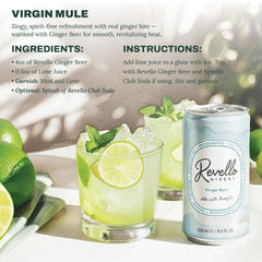 Revello Ginger Beer can next to glass to show 8 fl oz portion and serving guidance