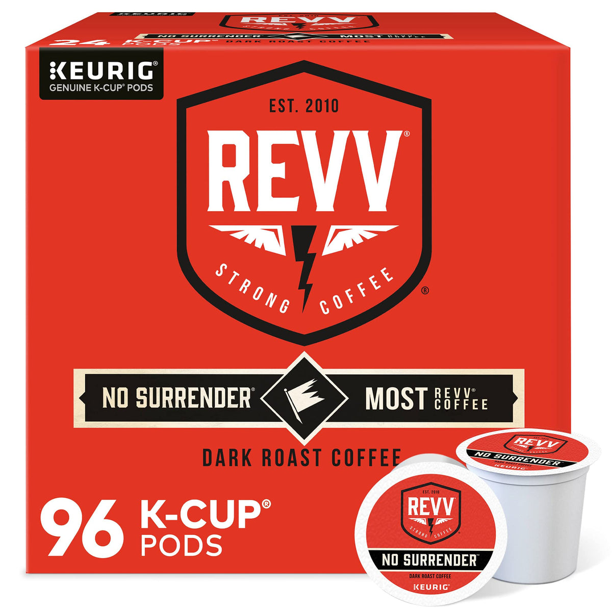 revv front packaging showing bold branding and strong dark roast benefit