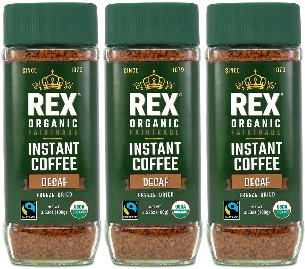 Rex Coffee front packaging showing three glass jars and brand trust