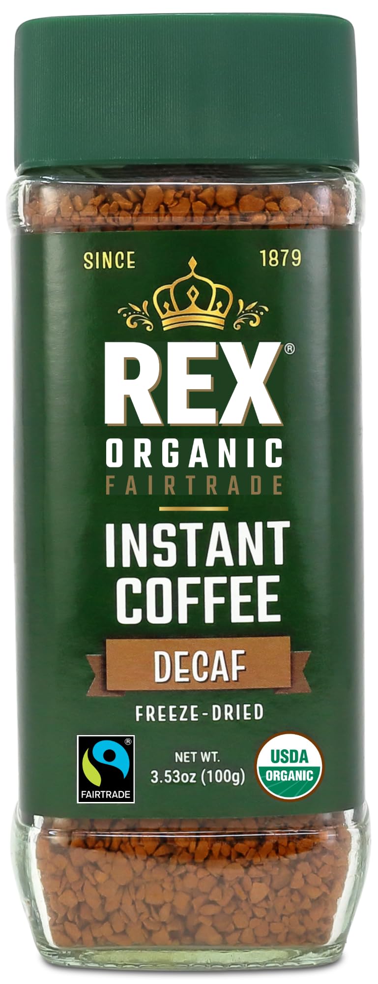 Rex Coffee front glass jar showing brand and fresh decaf benefit