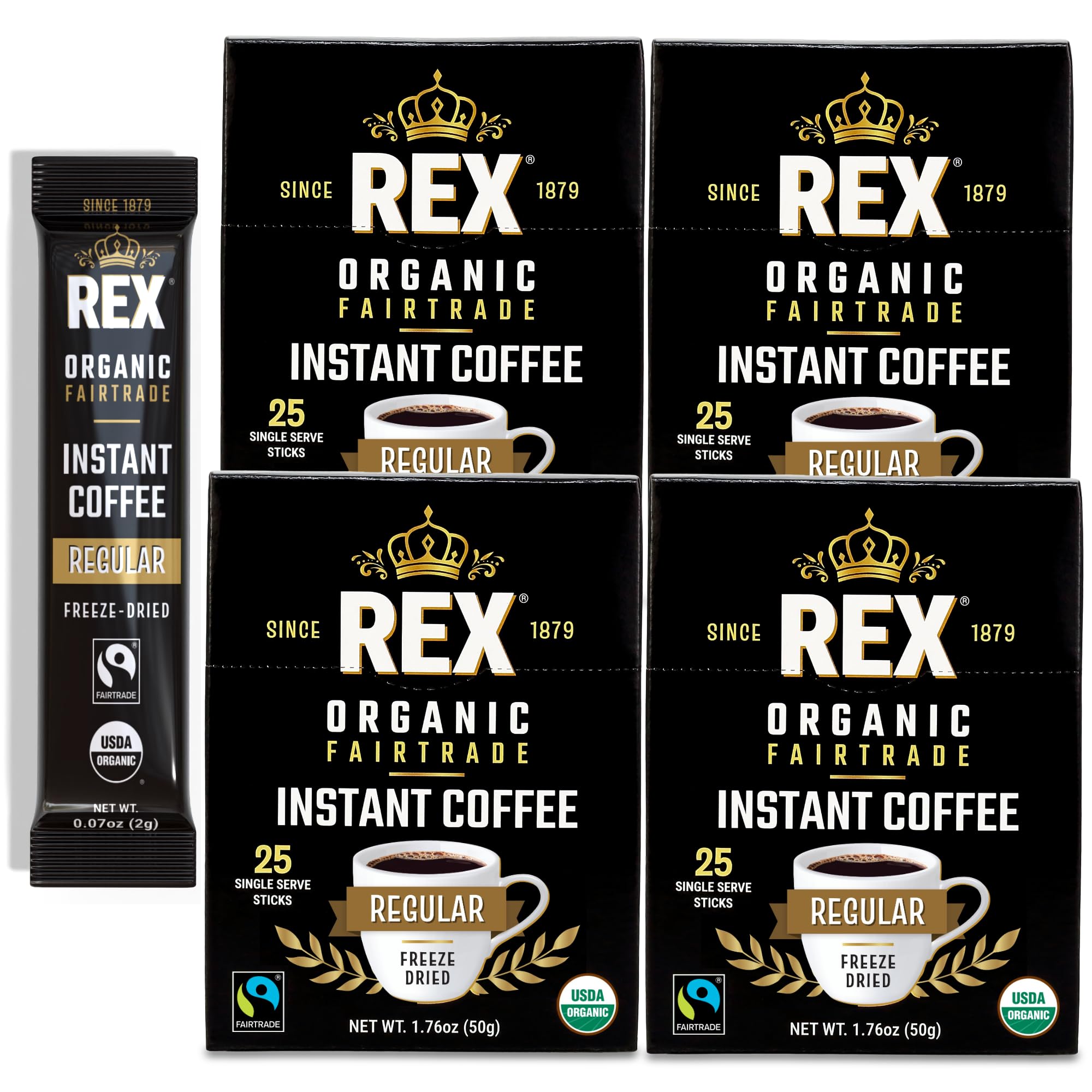 Rex Coffee front packaging showing 100-count case and brand benefit convenience