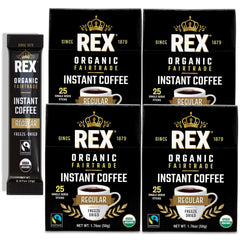 Rex Coffee front packaging showing 100-count case and brand benefit convenience