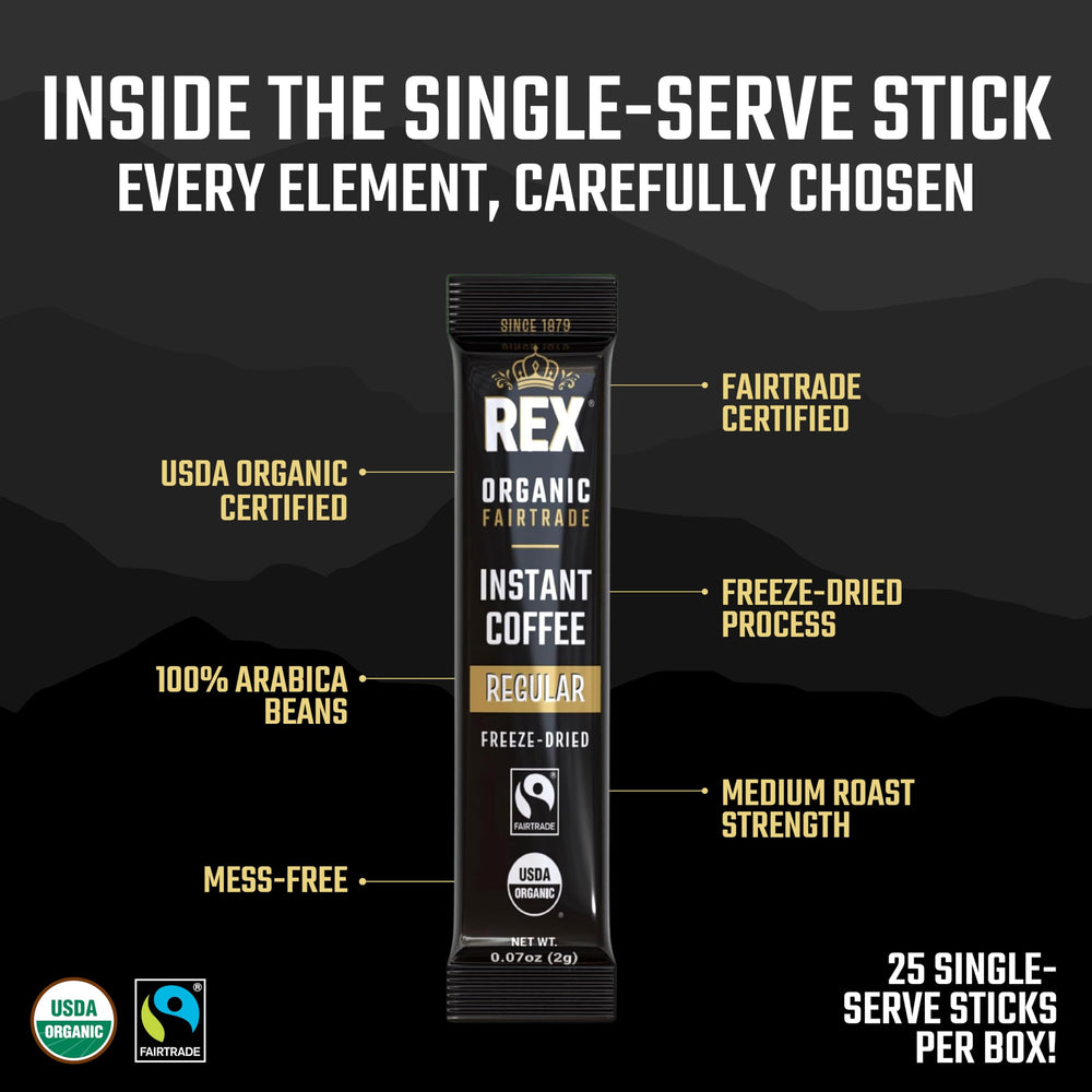 Rex Coffee package label with USDA Organic and Fairtrade certifications visible