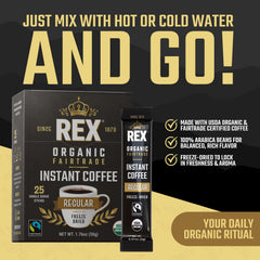 Rex Coffee stick being poured into mug showing mess-free preparation benefit