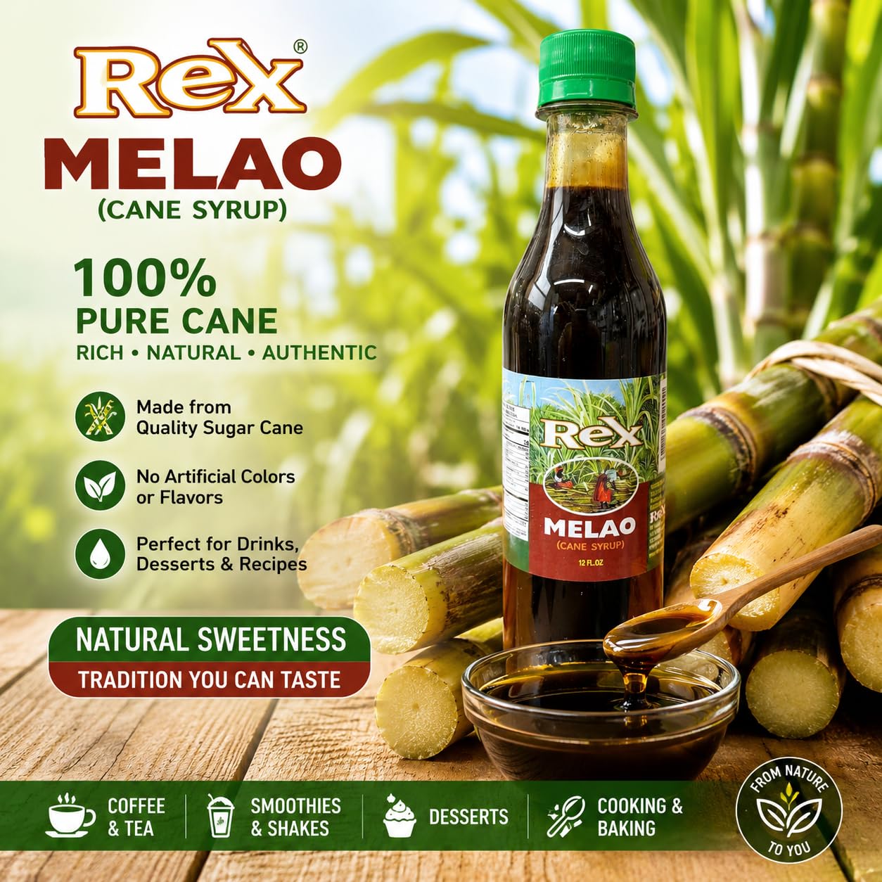 Rex Melao close-up of syrup texture highlighting glossy, pourable quality