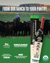 Ribbonwire Ranch single unwrapped beef stick close-up, shows tender texture and flavor