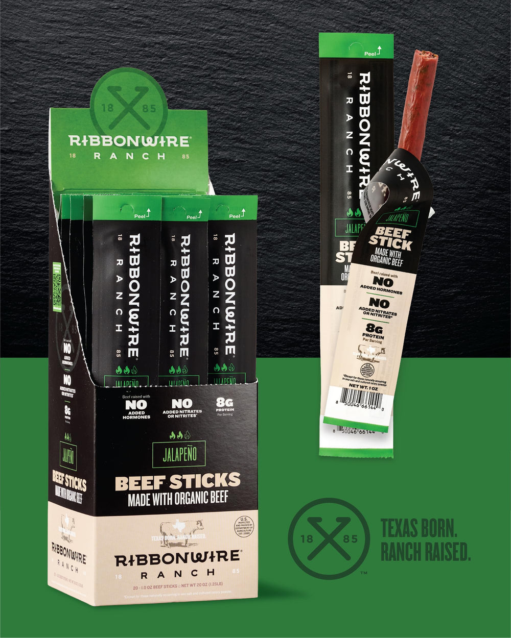 Ribbonwire Ranch hand holding one-ounce beef stick showing true-to-scale snack size