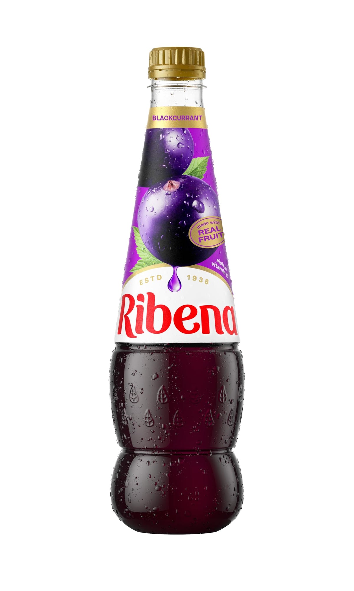 Ribena front label on 850ml bottle showing product name and origin benefit