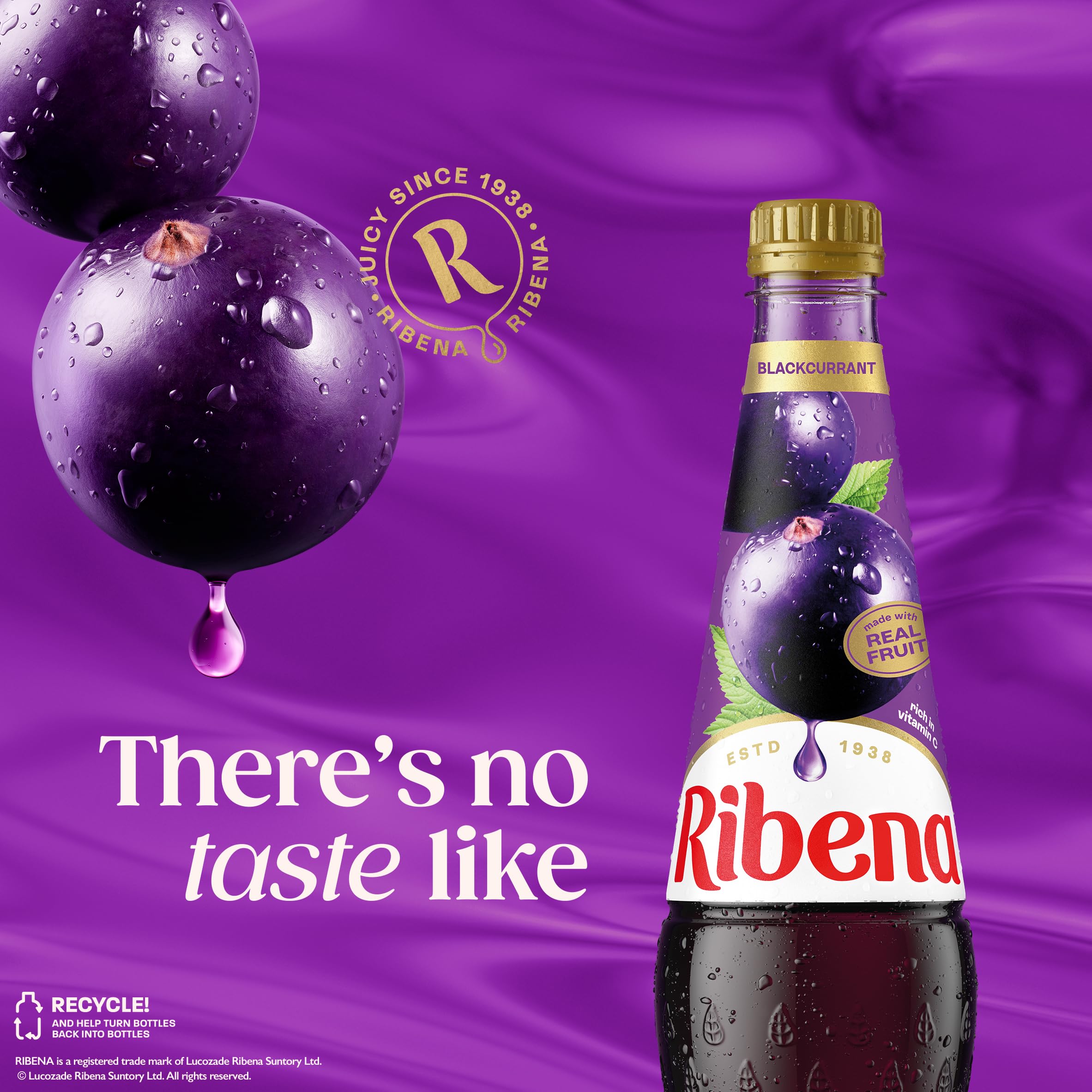 Heap of British blackcurrants with Ribena branding showing fruit origin benefit