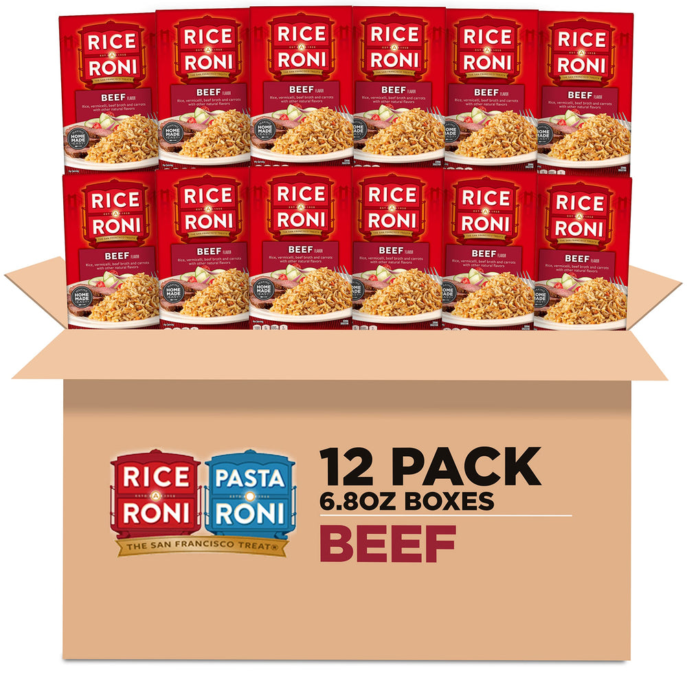 Rice-A-Roni front packaging showing Beef Lower Sodium and quick-cook benefit