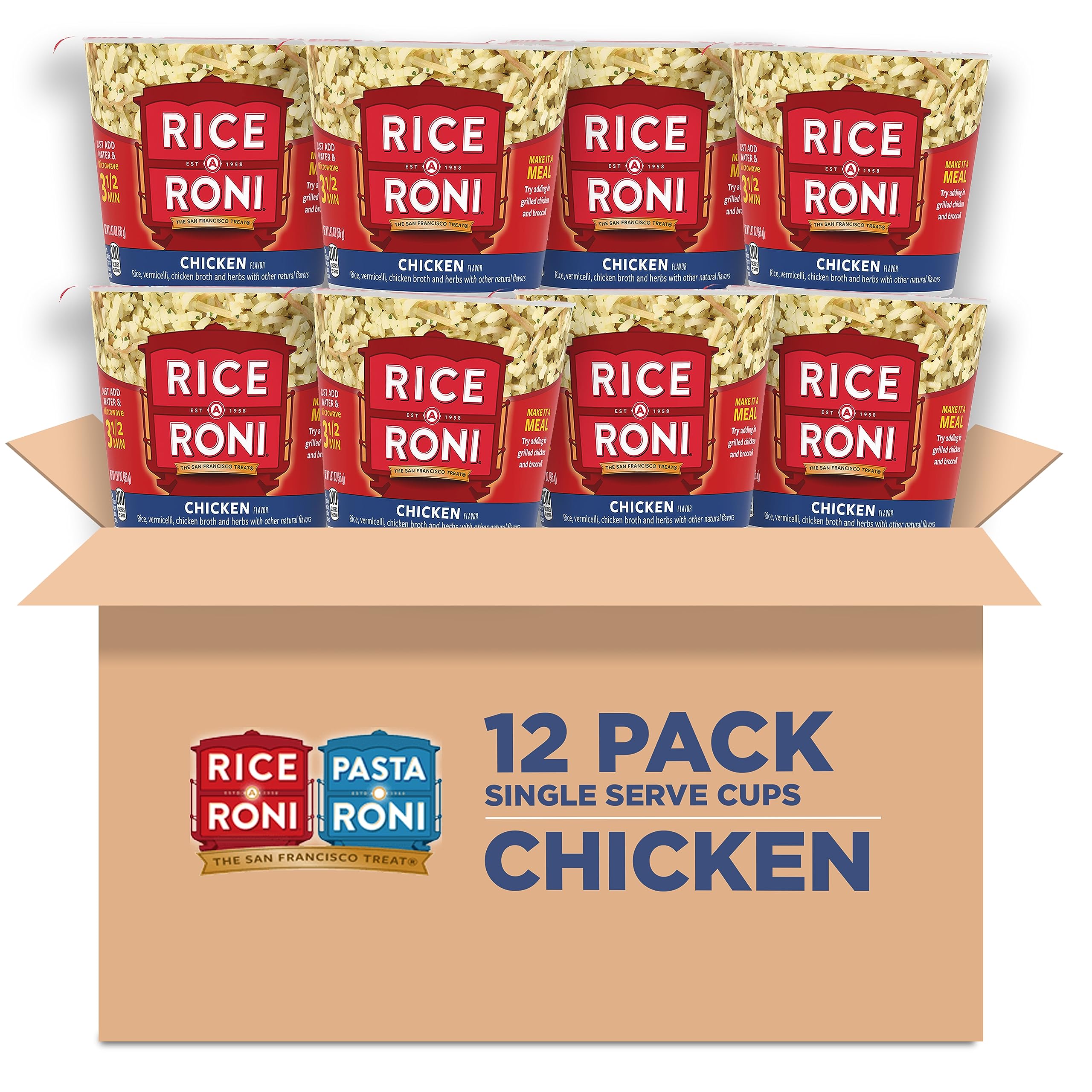 Rice-A-Roni front packaging showing chicken flavor and 12-cup pack convenience