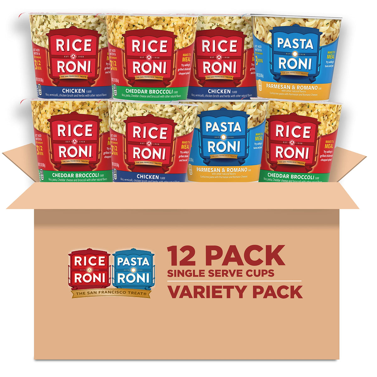 Rice-A-Roni front packaging showing 12 single-serve cups and variety benefits