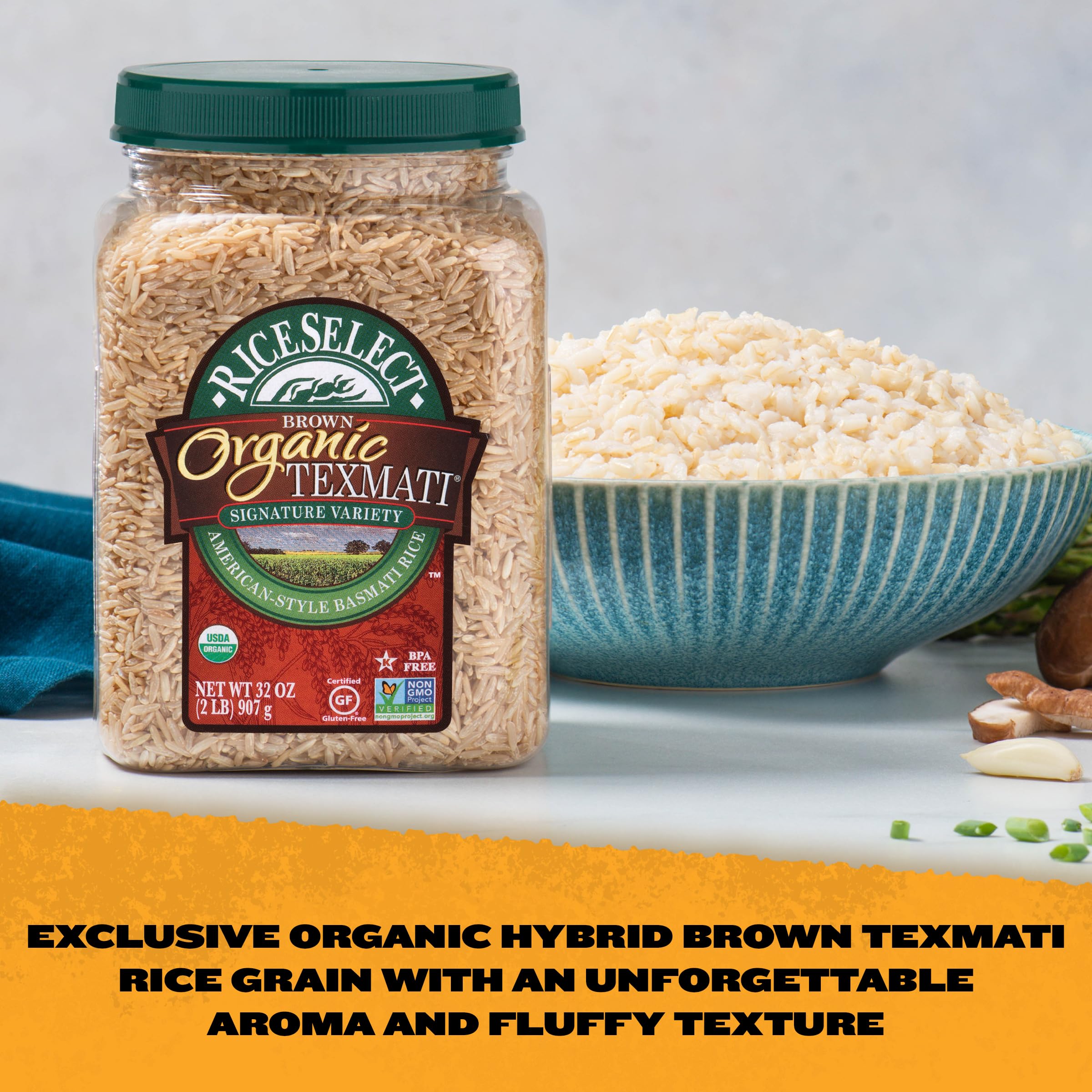 RiceSelect closeup of long slender Texmati brown grains highlighting texture and aroma