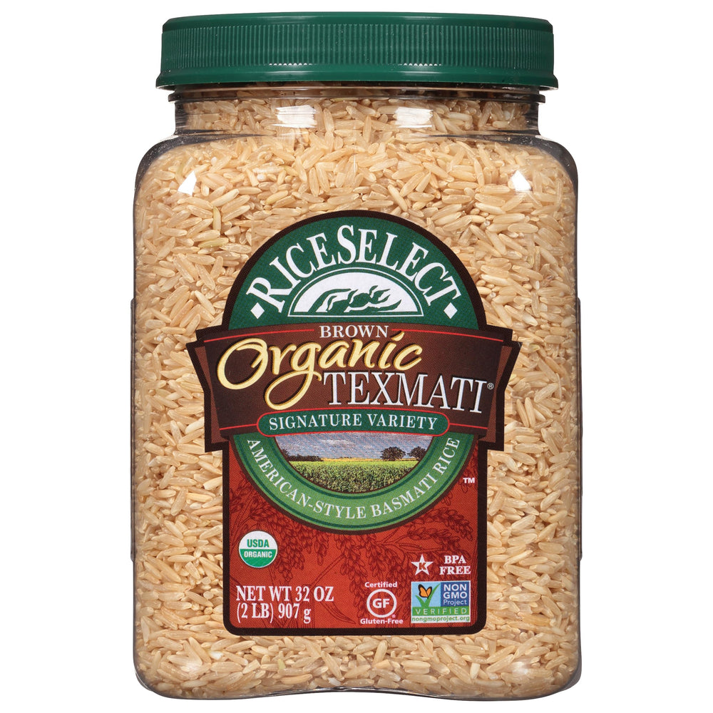 RiceSelect jar front view showing clear packaging and 32 oz jar, showcasing freshness