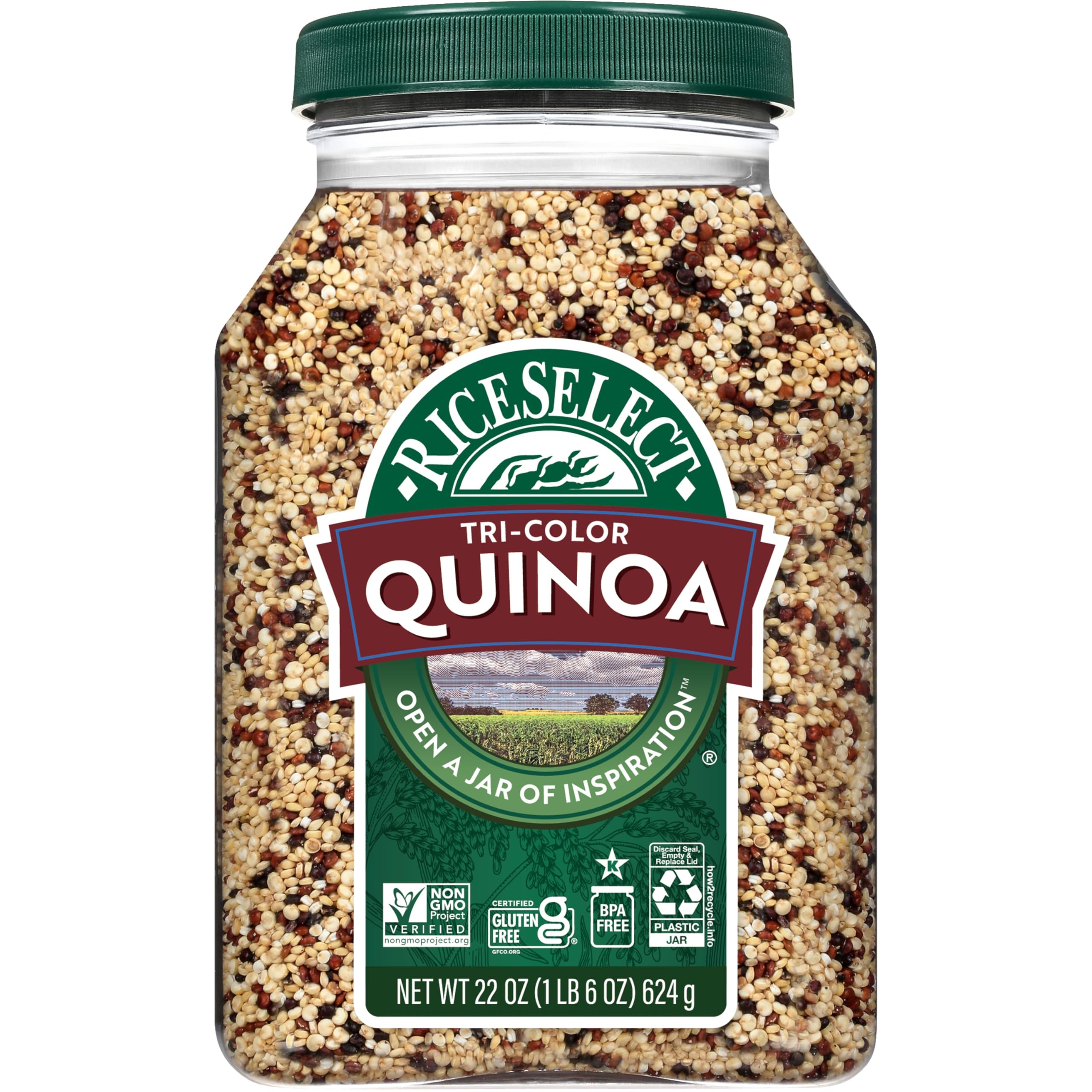 RiceSelect jar front view showing tri-color quinoa and clear storage benefits