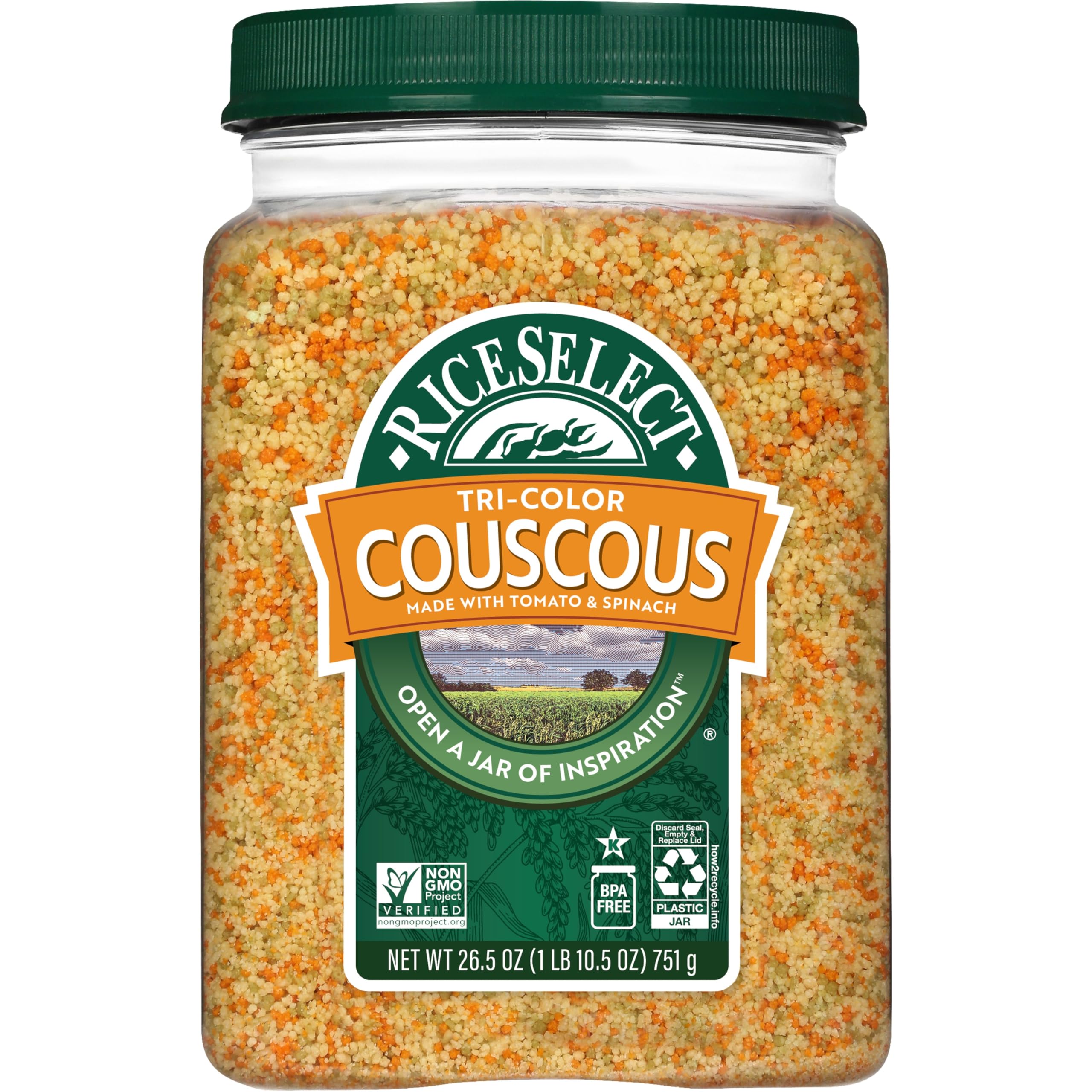 RiceSelect front jar showing tri-color couscous for quick meal prep