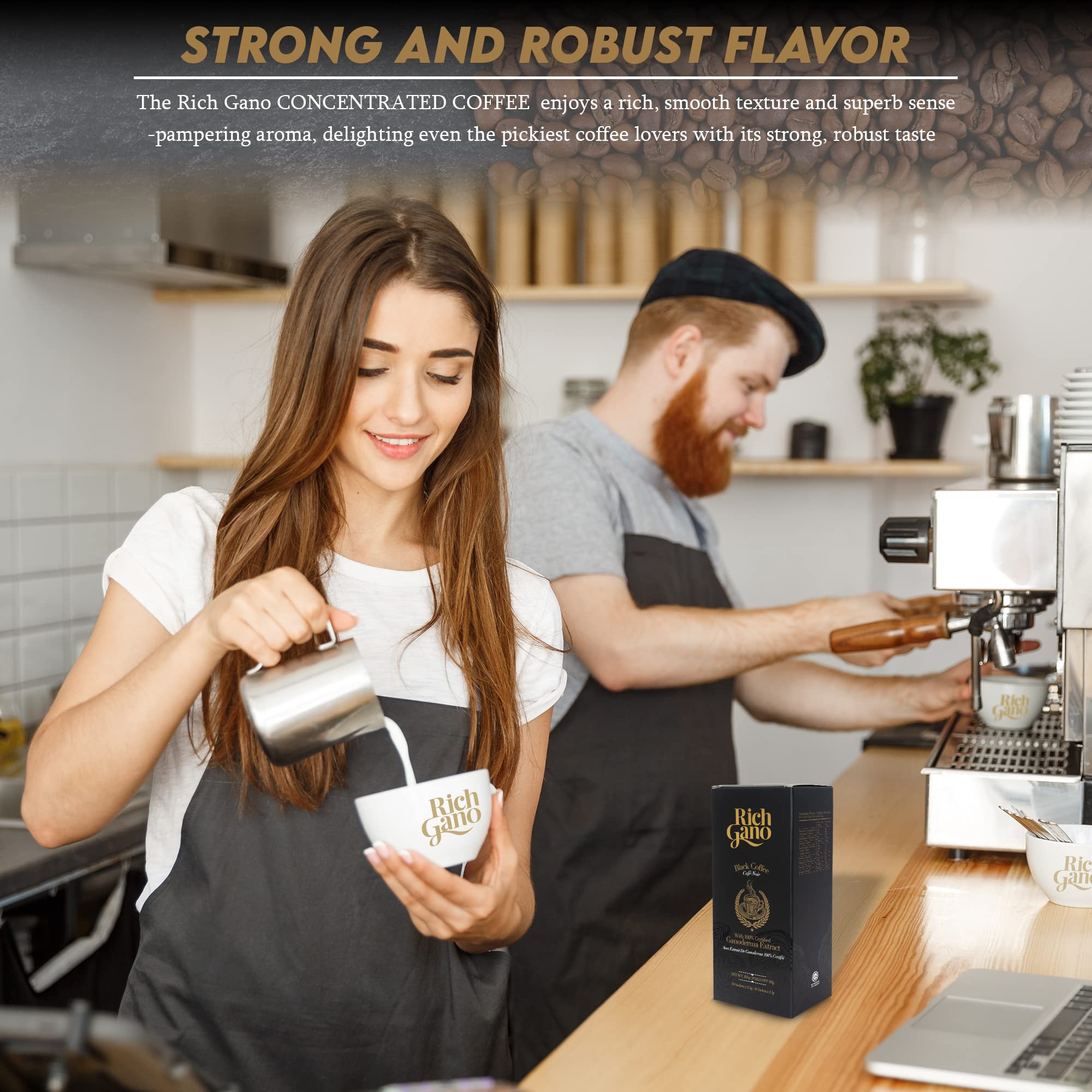 Rich Gano freshly prepared cup with steam showing rich aroma and smooth finish