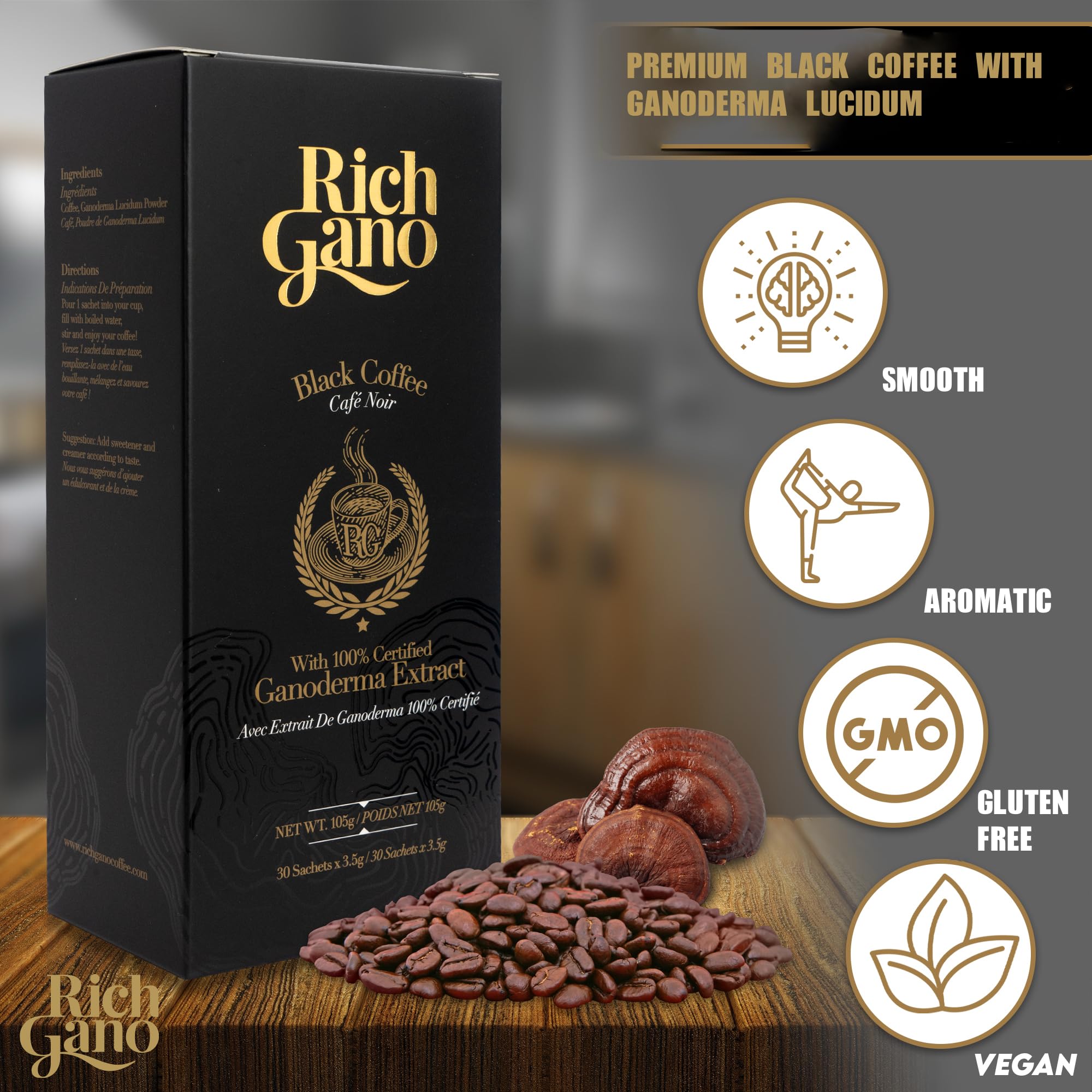 Rich Gano powder texture in spoon showing fine instant granules for quick dissolve