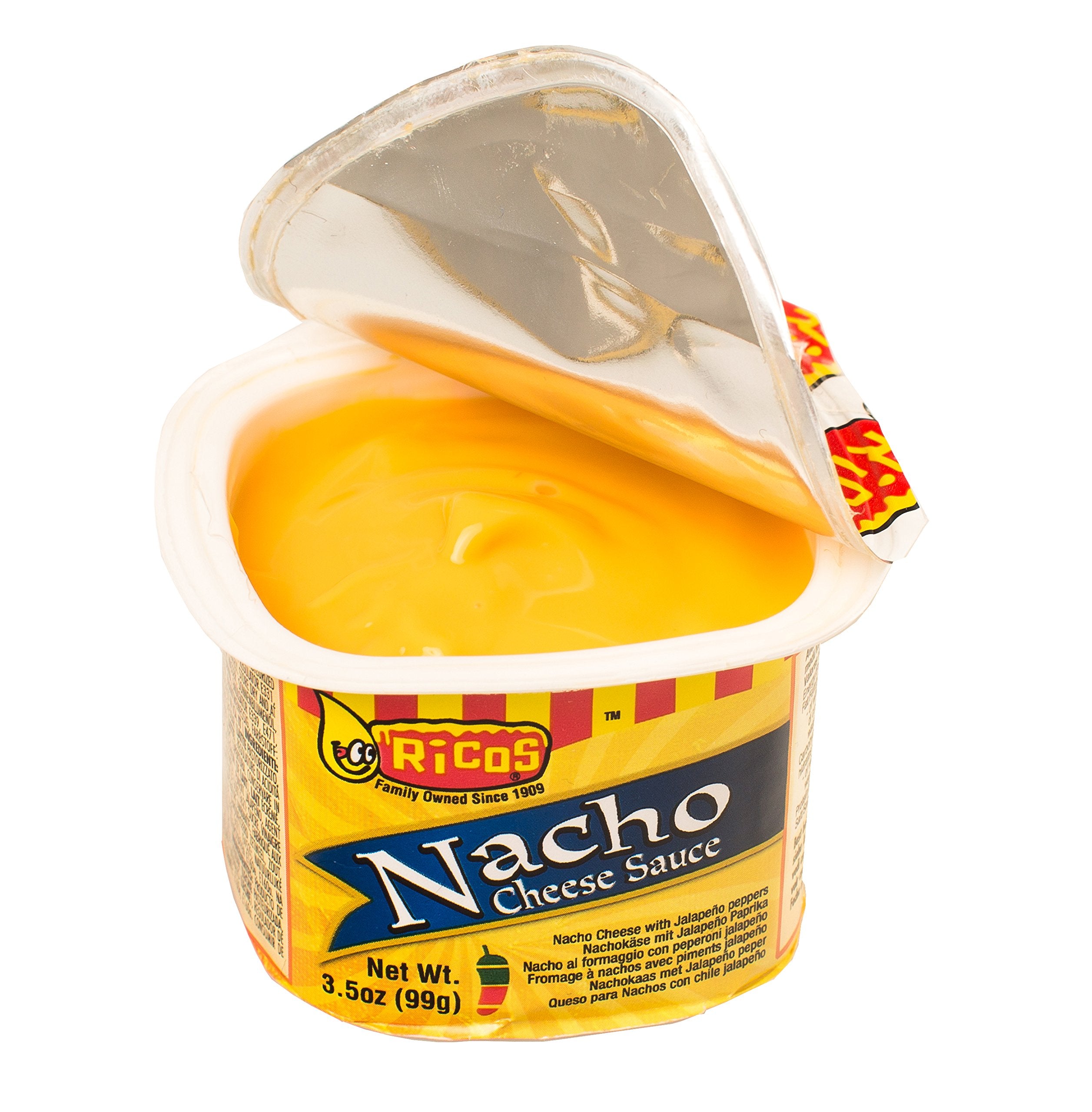 Rico's open cup of nacho cheese beside chips, ready-to-serve melted topping