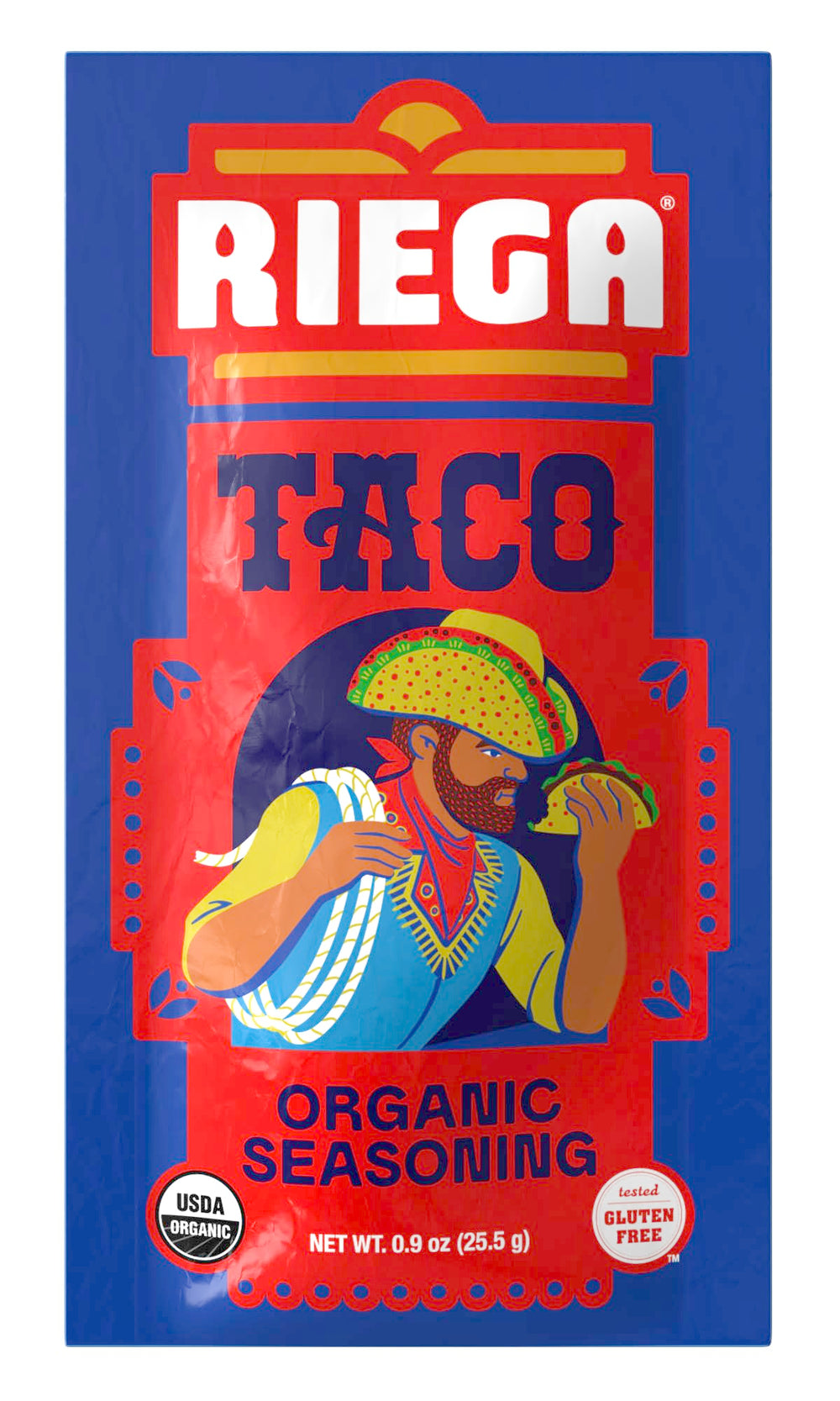 Riega front packaging showing eight taco seasoning pouches and value
