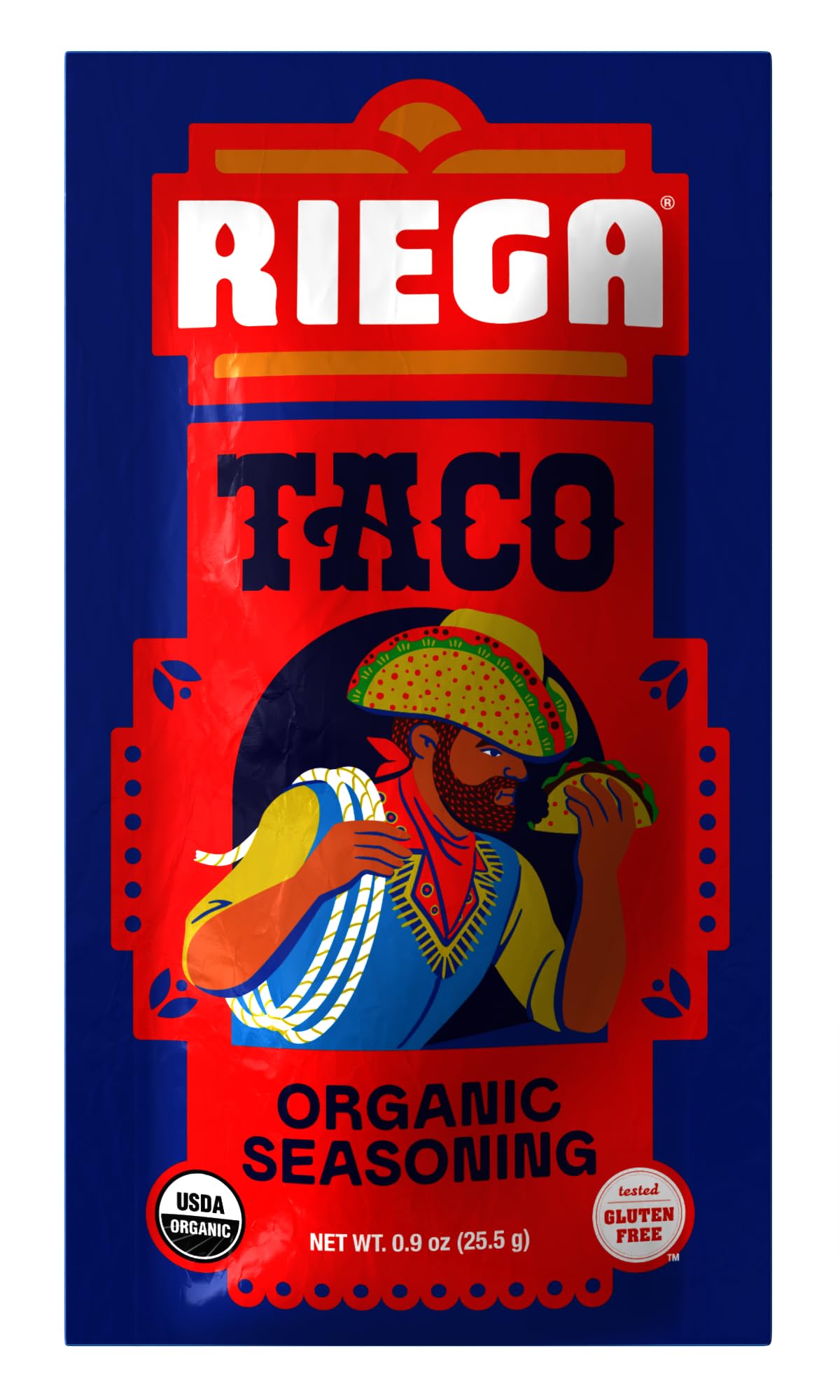 Riega front packaging showing eight taco seasoning pouches and value