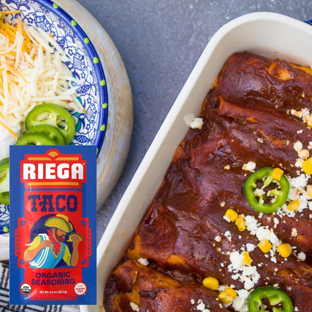 Riega seasoned tacos on a plate suggesting ready‑to‑serve convenience