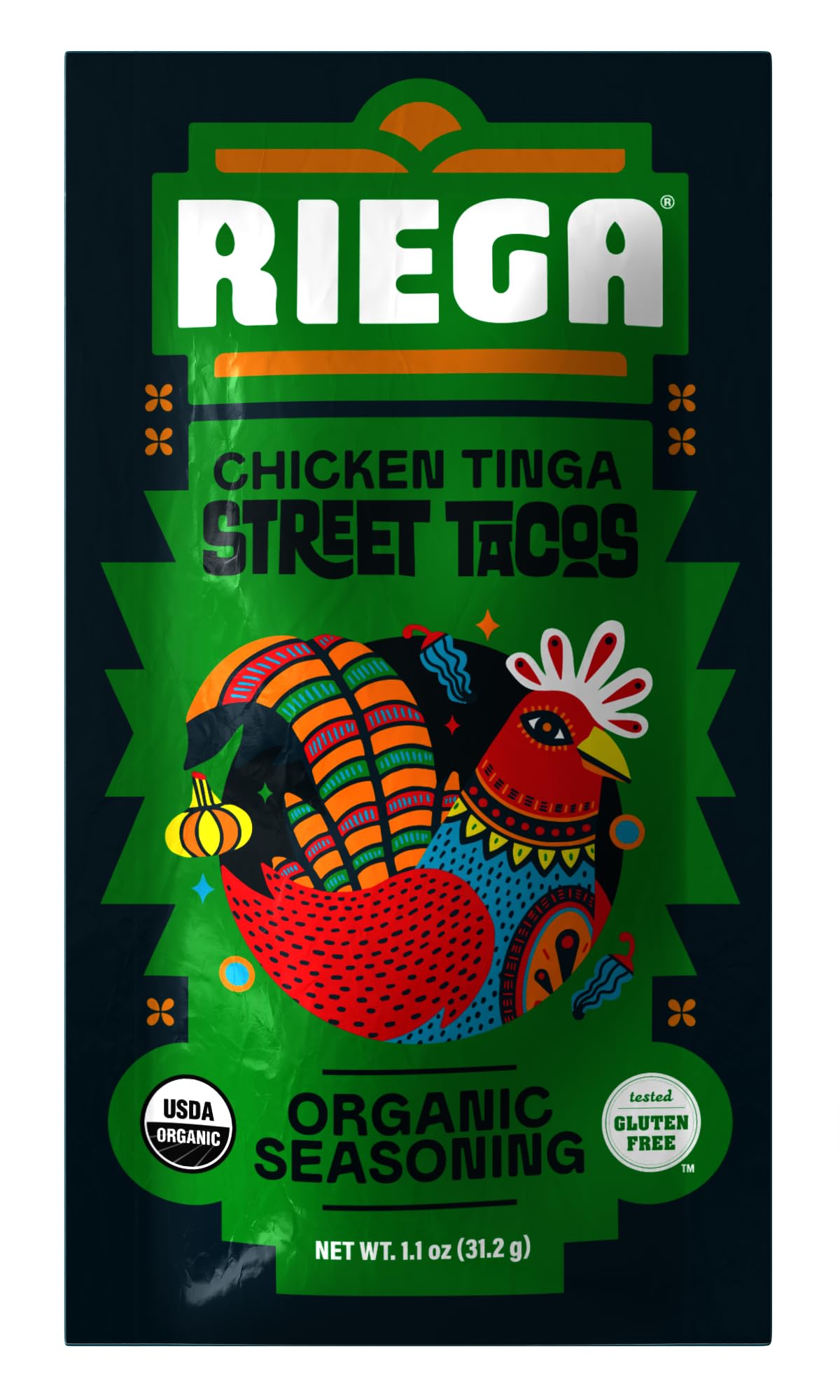 Riega front packaging showing eight 1.1 oz organic taco seasoning packets for convenience
