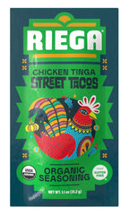 Riega front packaging showing eight 1.1 oz organic taco seasoning packets for convenience