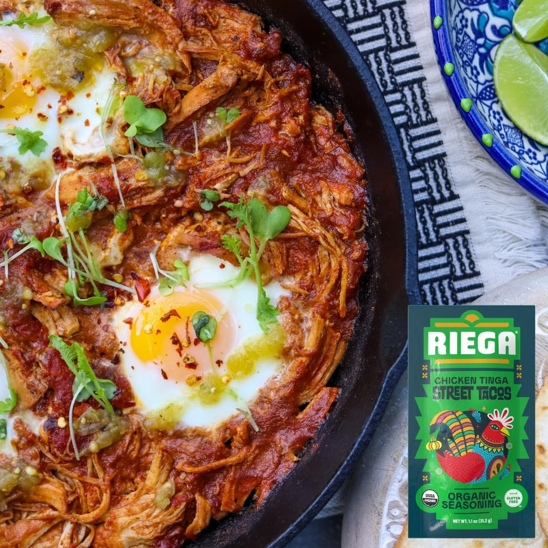 Riega spices and fresh ingredients laid out to show organic components and use ideas