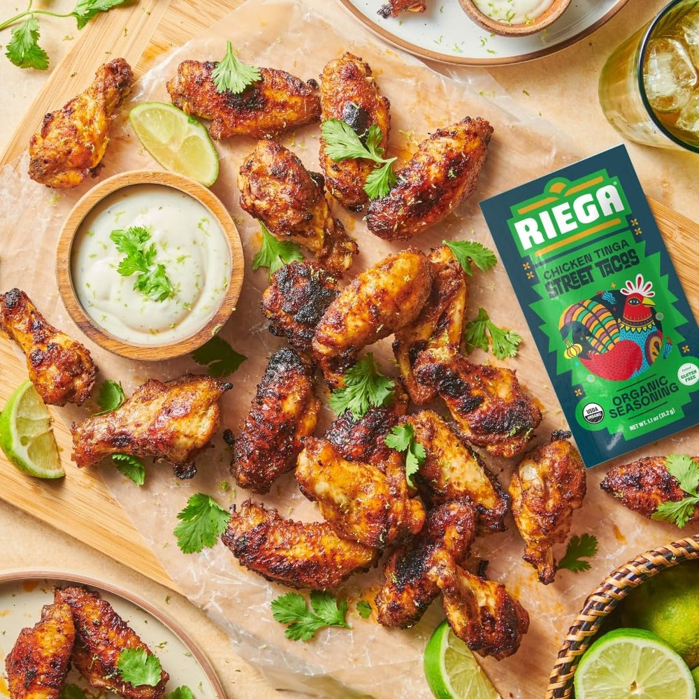 Riega label close-up displaying organic, vegan, gluten-free certifications and benefits
