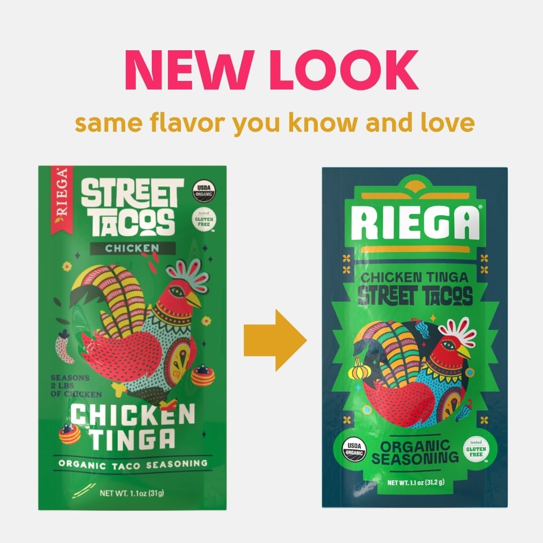 Riega seasoning being poured over shredded chicken to add authentic taco flavor