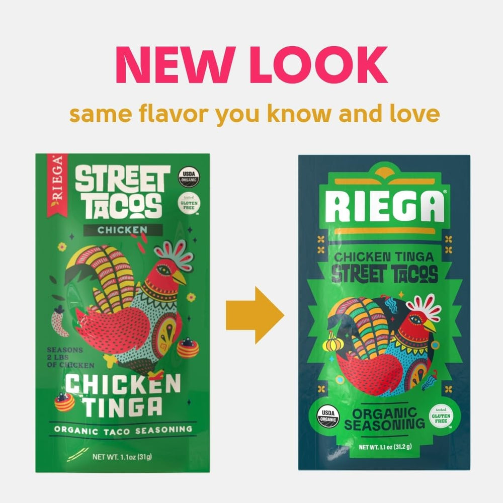 Riega seasoning being poured over shredded chicken to add authentic taco flavor