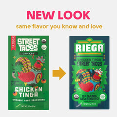 Riega seasoning being poured over shredded chicken to add authentic taco flavor