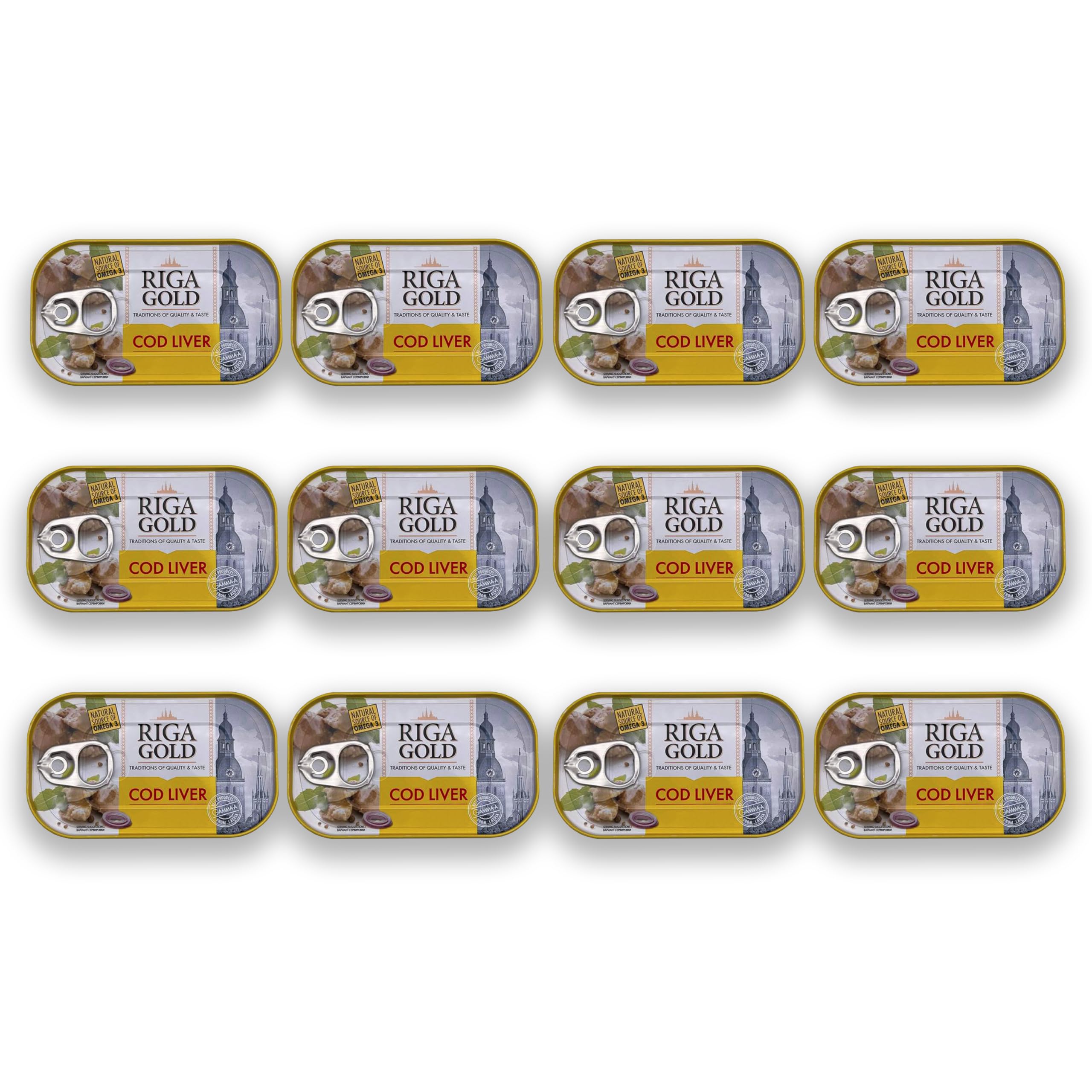 RIGA GOLD front can showing label and weight for product recognition