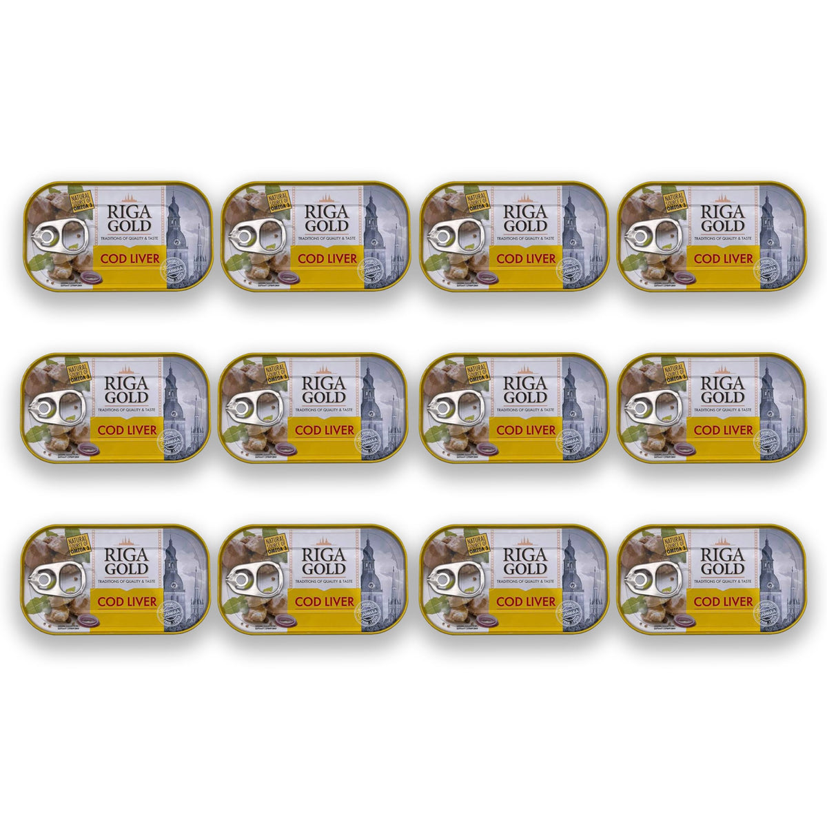 RIGA GOLD front can showing label and weight for product recognition