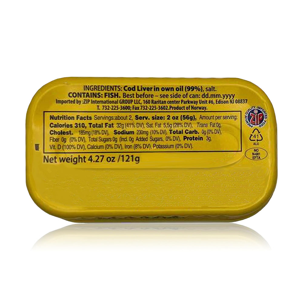 RIGA GOLD opened can with whole cod livers visible demonstrating ready-to-eat convenience
