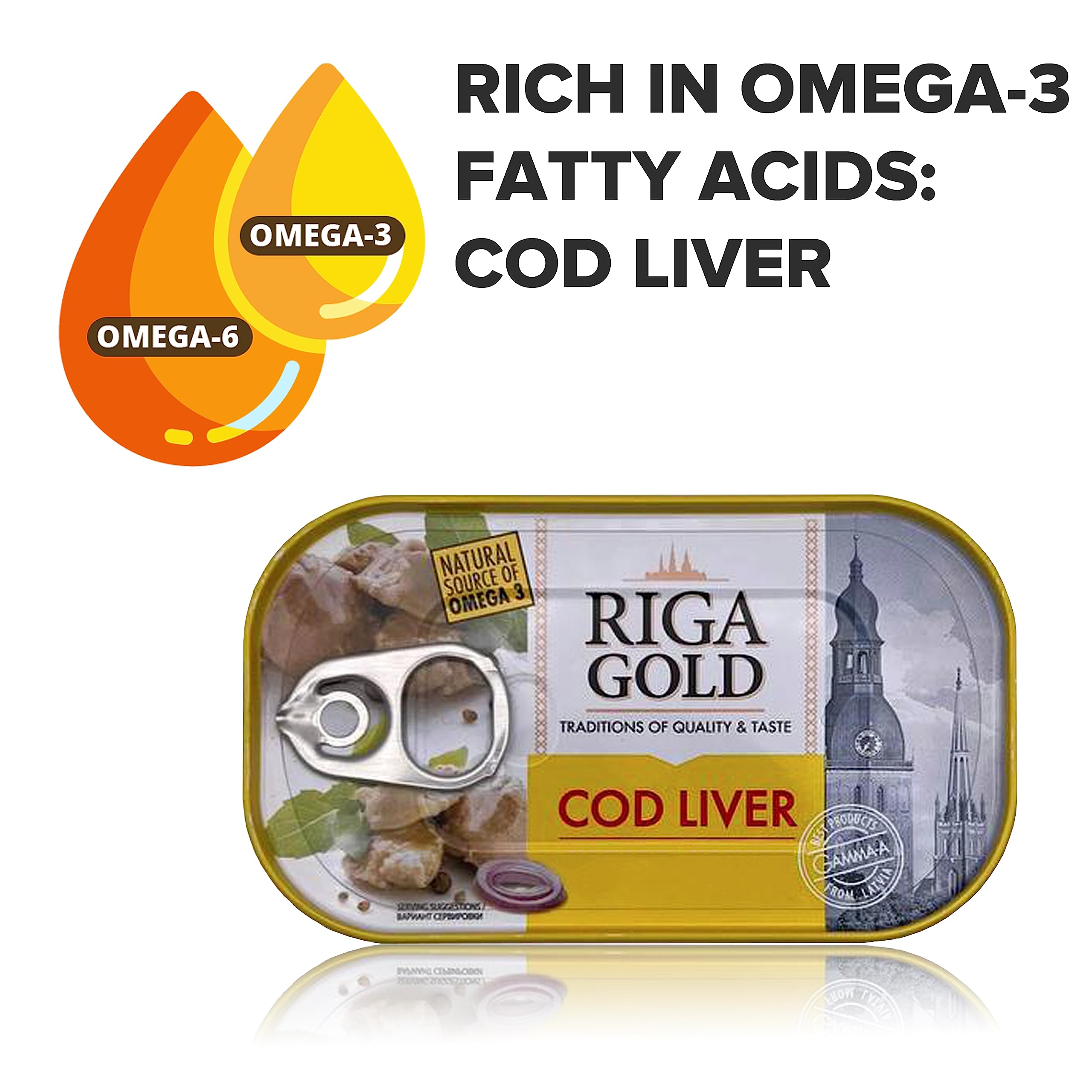 RIGA GOLD stacked 12-pack beside hand for scale and kitchen storage convenience
