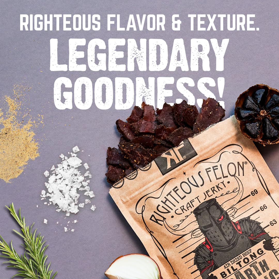 Righteous Felon open pouch with biltong pieces ready to eat for quick protein