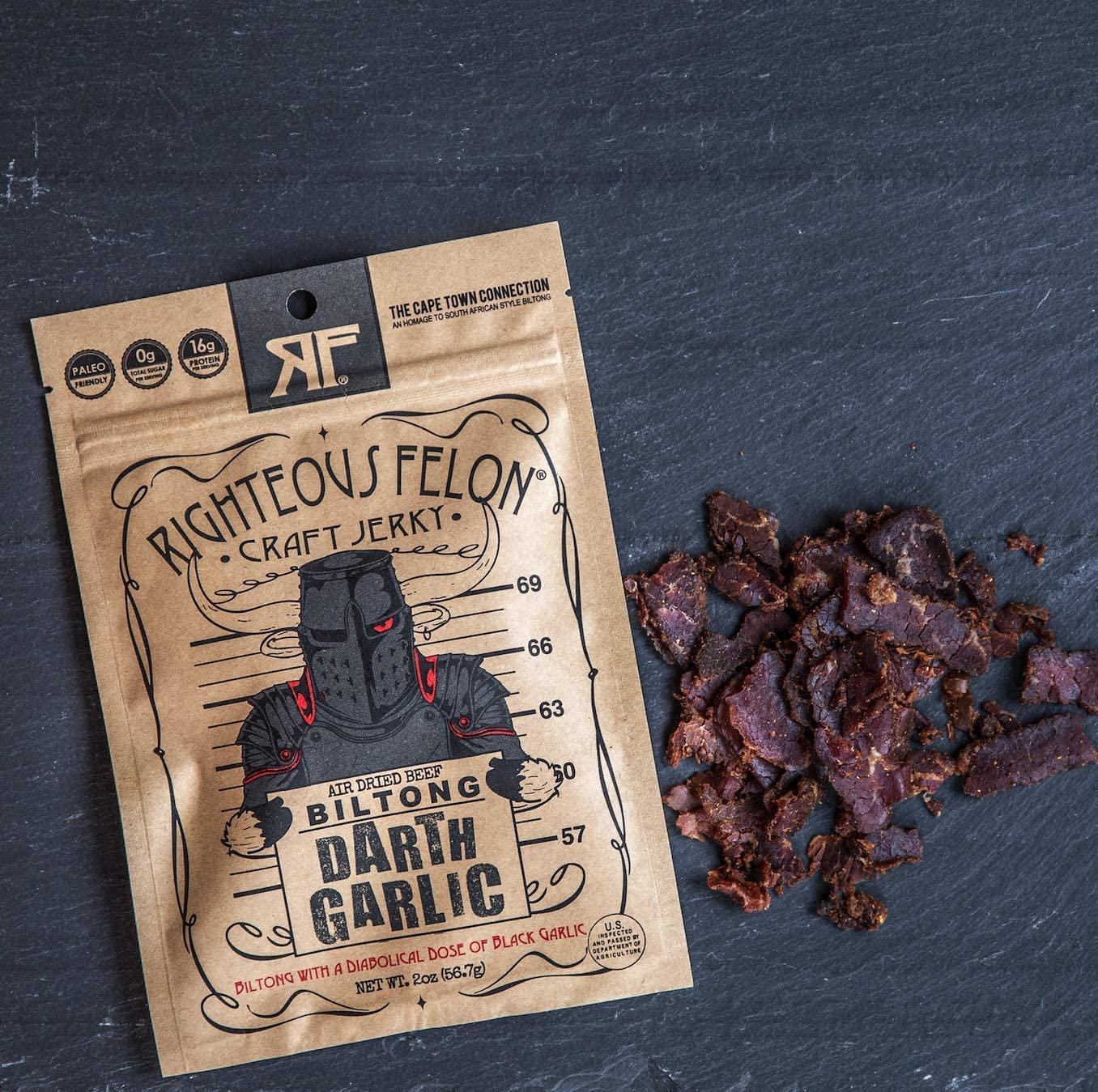Righteous Felon biltong texture detail revealing air-dried chew and concentrated beef flavor